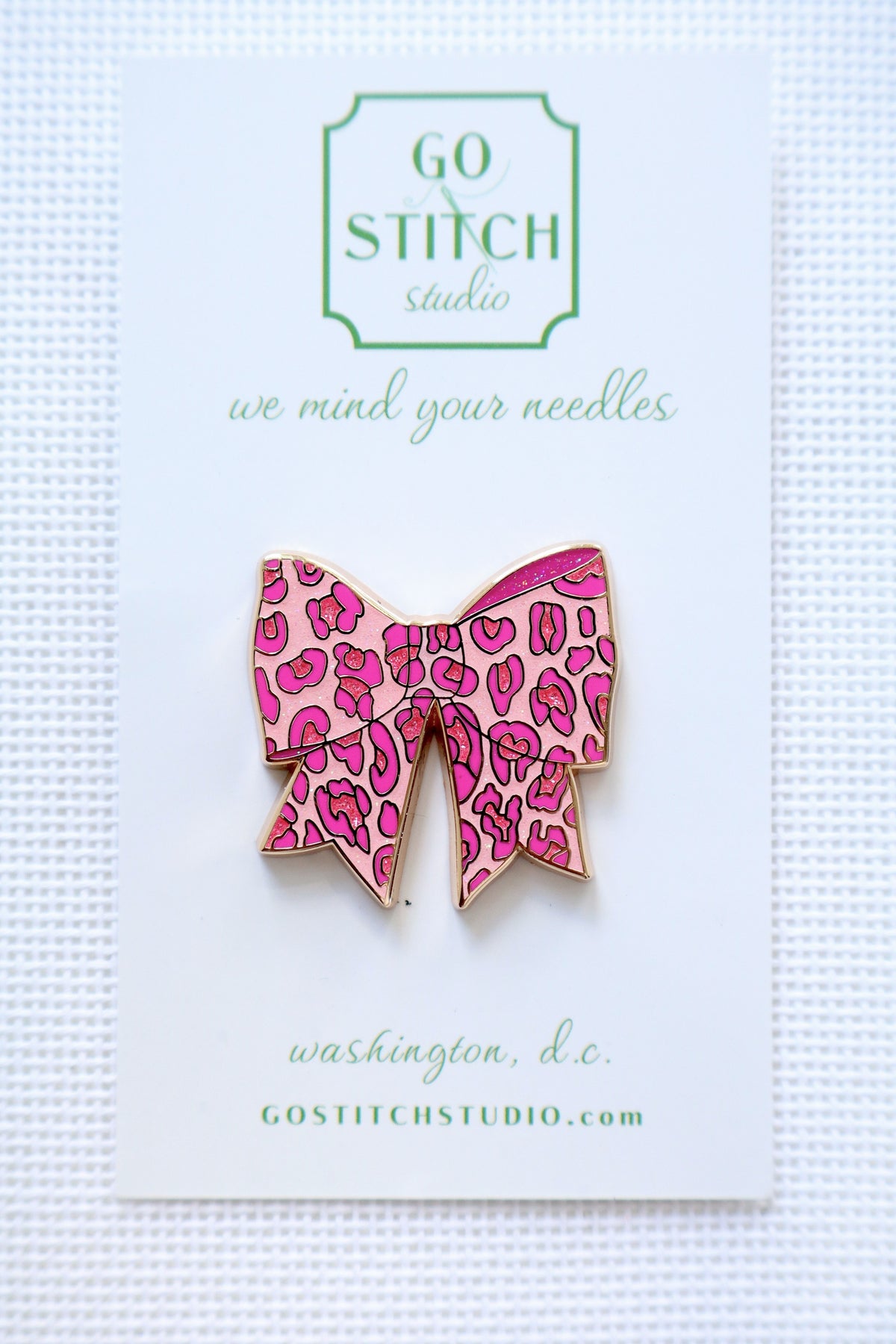 Pink Leopard Bow Needle Minder by Go Stitch Studio