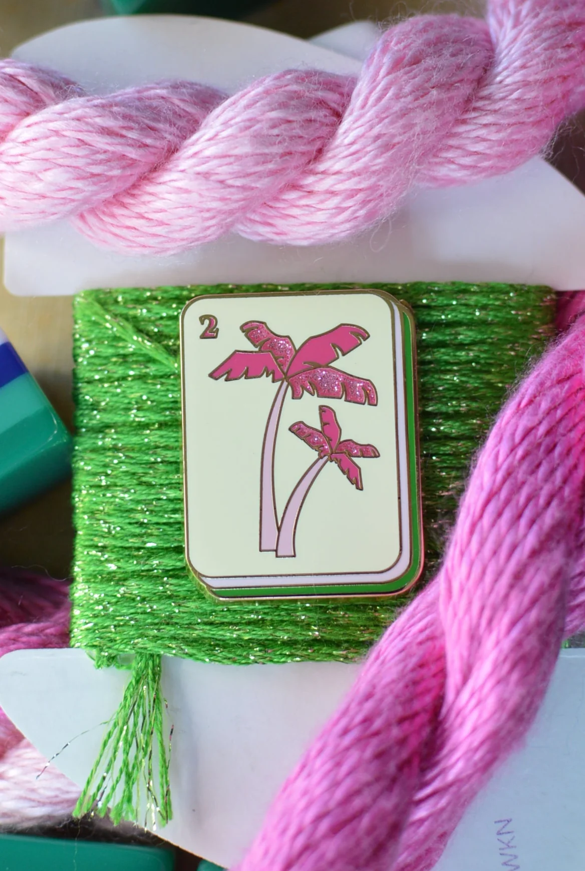 Pink Palm Tree Mahjong Tile Needle Minder by Go Stitch Studio